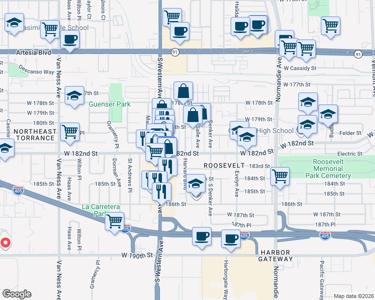 map of restaurants, bars, coffee shops, grocery stores, and more near 1616 West 182nd Street in Gardena