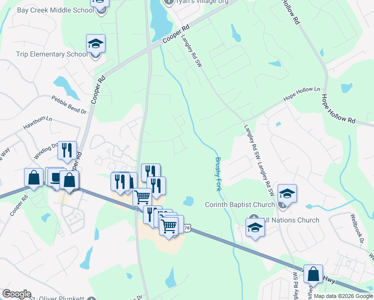 map of restaurants, bars, coffee shops, grocery stores, and more near 2882 Rosebud Road in Loganville
