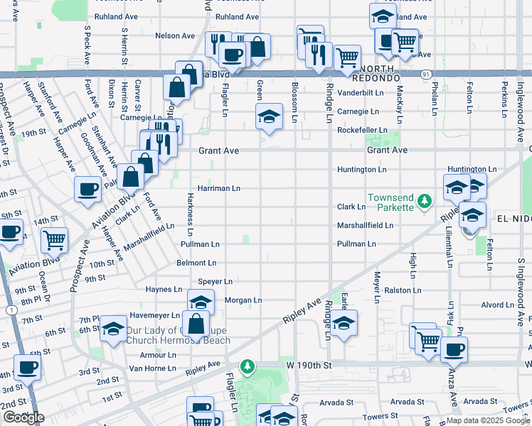 map of restaurants, bars, coffee shops, grocery stores, and more near 2002 Clark Lane in Redondo Beach