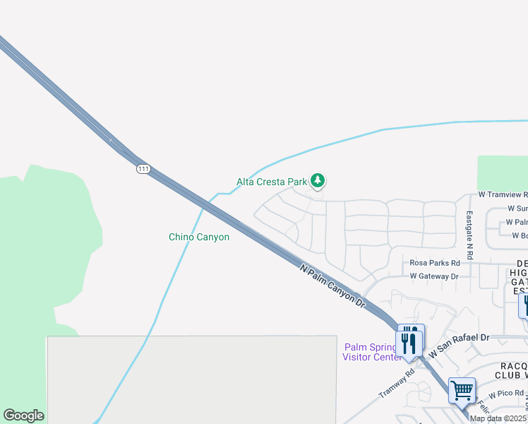 map of restaurants, bars, coffee shops, grocery stores, and more near 1275 Palmas Ridge in Palm Springs