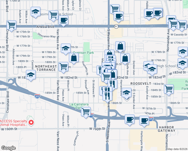 map of restaurants, bars, coffee shops, grocery stores, and more near 1883 West 182nd Street in Torrance