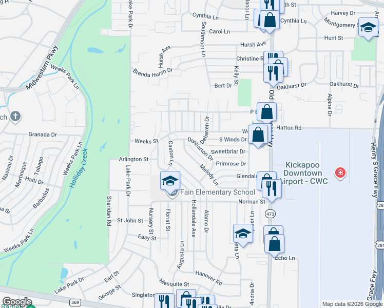 map of restaurants, bars, coffee shops, grocery stores, and more near 4517 Melody Lane in Wichita Falls