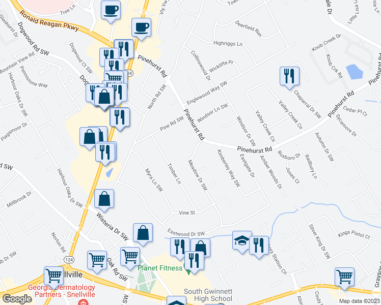 map of restaurants, bars, coffee shops, grocery stores, and more near 2183 Meadow Drive Southwest in Snellville