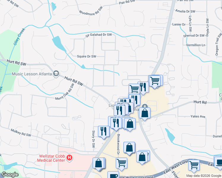 map of restaurants, bars, coffee shops, grocery stores, and more near 3660 Heritage Ridge Lane in Marietta