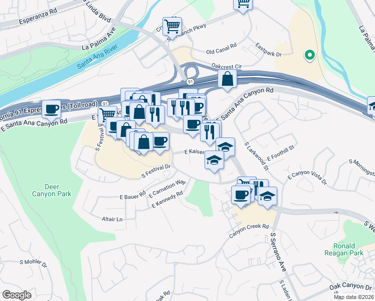 map of restaurants, bars, coffee shops, grocery stores, and more near 8141 East Kaiser Boulevard in Anaheim