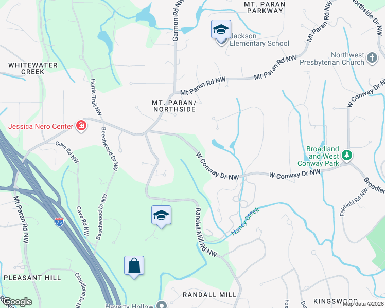 map of restaurants, bars, coffee shops, grocery stores, and more near 1180 West Conway Drive Northwest in Atlanta