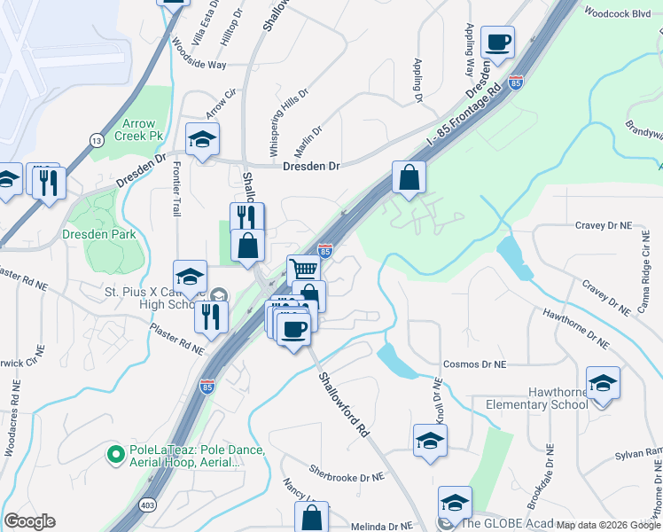 map of restaurants, bars, coffee shops, grocery stores, and more near 3001 Northeast Expressway in Atlanta