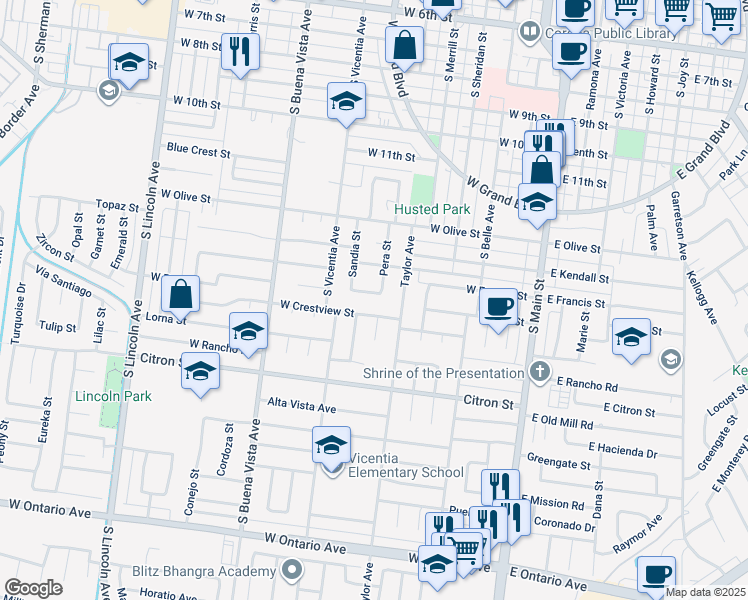 map of restaurants, bars, coffee shops, grocery stores, and more near 638 Durazno Street in Corona