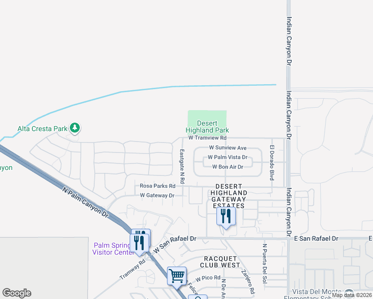 map of restaurants, bars, coffee shops, grocery stores, and more near 3926 Eastgate North Road in Palm Springs