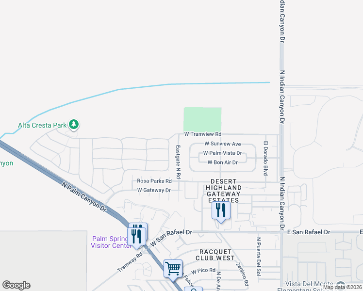 map of restaurants, bars, coffee shops, grocery stores, and more near 3926 Eastgate North Road in Palm Springs
