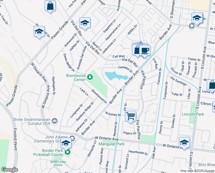 map of restaurants, bars, coffee shops, grocery stores, and more near 1542 Border Avenue in Corona