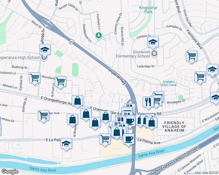 map of restaurants, bars, coffee shops, grocery stores, and more near 5498 East Willow Woods Lane in Anaheim