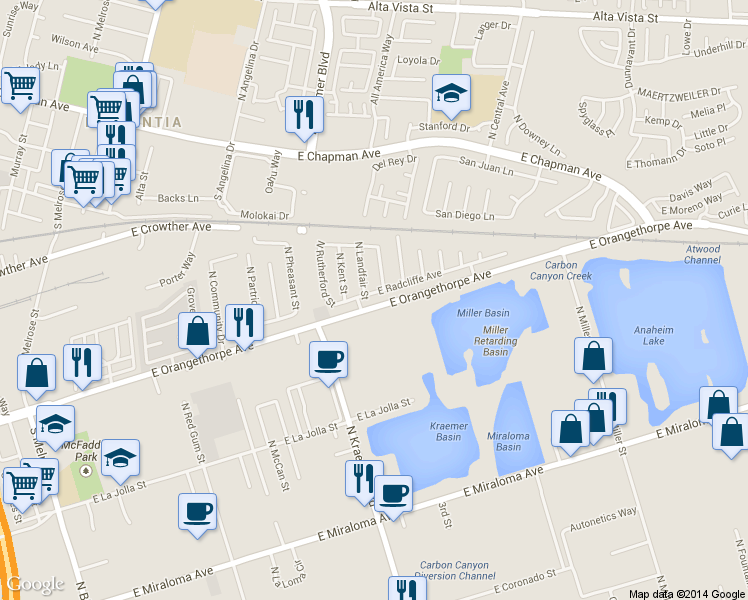 map of restaurants, bars, coffee shops, grocery stores, and more near 3156 East Orangethorpe Avenue in Anaheim