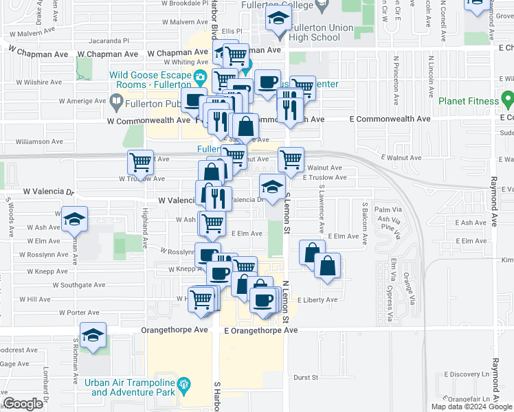 map of restaurants, bars, coffee shops, grocery stores, and more near 231 East Ash Avenue in Fullerton