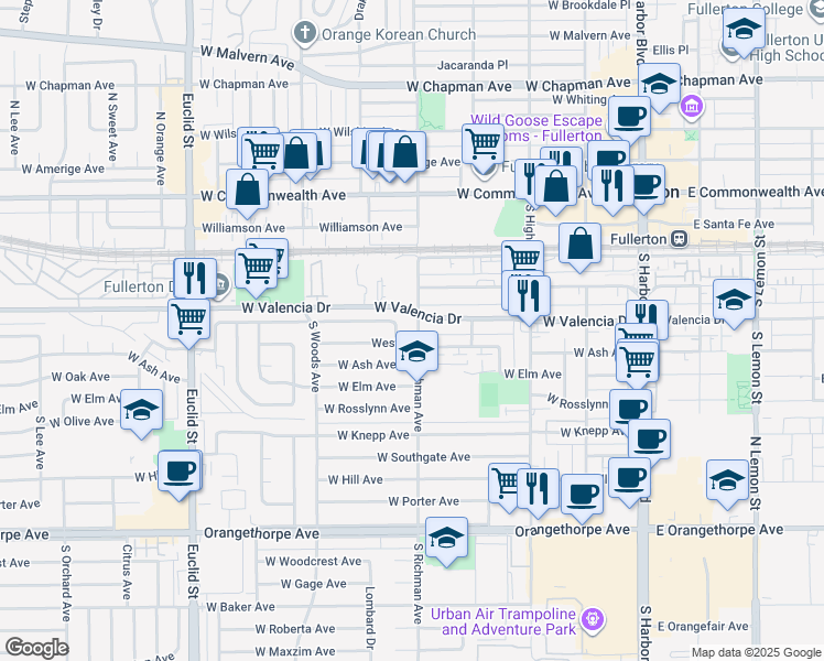 map of restaurants, bars, coffee shops, grocery stores, and more near 498 West Avenue in Fullerton