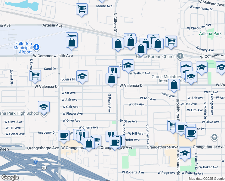 map of restaurants, bars, coffee shops, grocery stores, and more near 400 South Paula Avenue in Fullerton