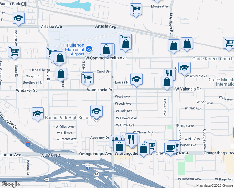 map of restaurants, bars, coffee shops, grocery stores, and more near 3608 West Avenue in Fullerton
