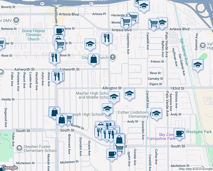 map of restaurants, bars, coffee shops, grocery stores, and more near 6045 Woodruff Avenue in Lakewood