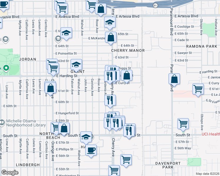 map of restaurants, bars, coffee shops, grocery stores, and more near in Long Beach