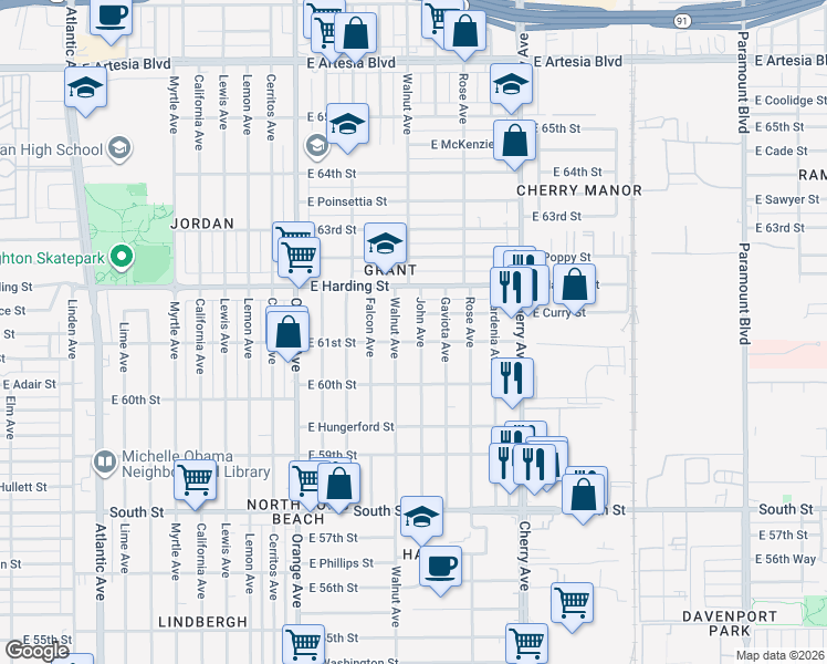 map of restaurants, bars, coffee shops, grocery stores, and more near 1620 East 61st Street in Long Beach
