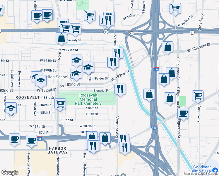 map of restaurants, bars, coffee shops, grocery stores, and more near 1035 Electric Street in Gardena