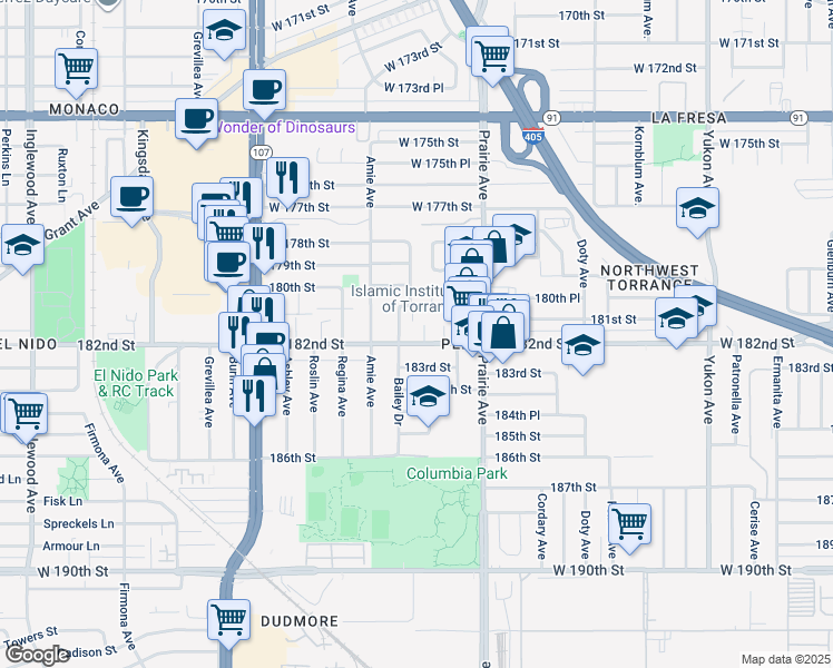 map of restaurants, bars, coffee shops, grocery stores, and more near 4122 West 182nd Street in Torrance