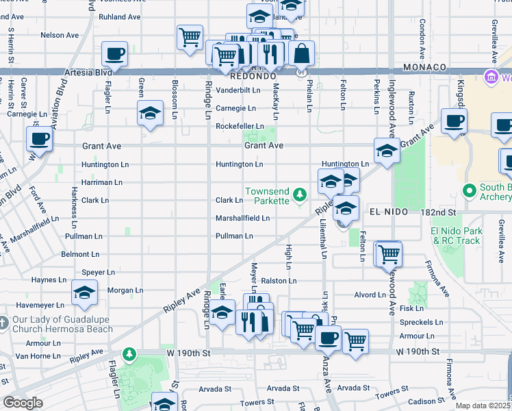 map of restaurants, bars, coffee shops, grocery stores, and more near 2313 Marshallfield Lane in Redondo Beach