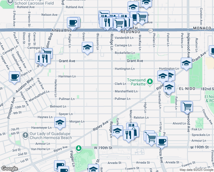 map of restaurants, bars, coffee shops, grocery stores, and more near 2109 Marshallfield Lane in Redondo Beach