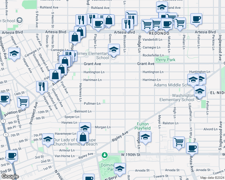 map of restaurants, bars, coffee shops, grocery stores, and more near 1207 Green Lane in Redondo Beach