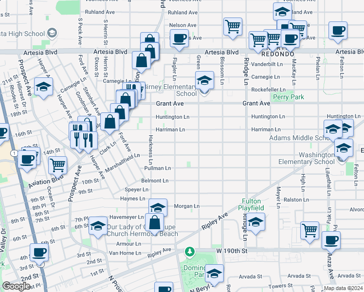 map of restaurants, bars, coffee shops, grocery stores, and more near 1905 Marshallfield Lane in Redondo Beach