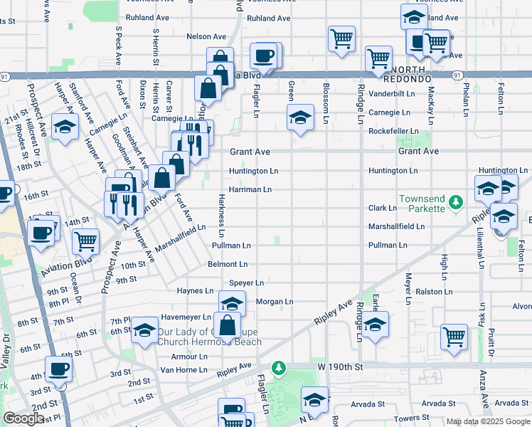 map of restaurants, bars, coffee shops, grocery stores, and more near 1905 Marshallfield Lane in Redondo Beach