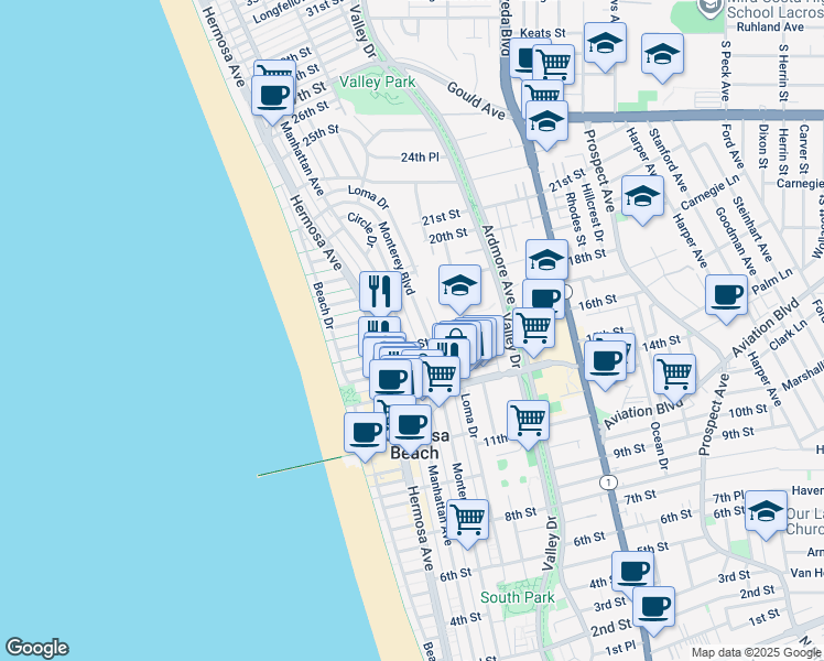 map of restaurants, bars, coffee shops, grocery stores, and more near 215 16th Street in Hermosa Beach