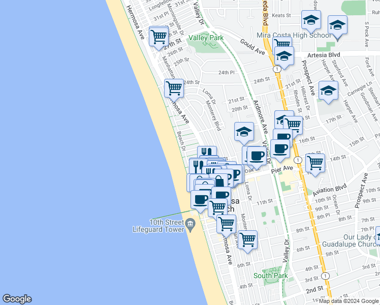 map of restaurants, bars, coffee shops, grocery stores, and more near 20 17th Street in Hermosa Beach