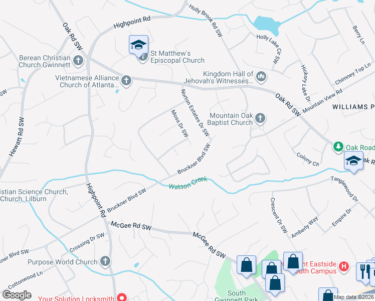 map of restaurants, bars, coffee shops, grocery stores, and more near 1743 Moss Drive Southwest in Snellville