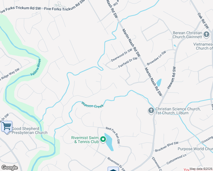 map of restaurants, bars, coffee shops, grocery stores, and more near 1432 Hartman Drive Southwest in Lilburn