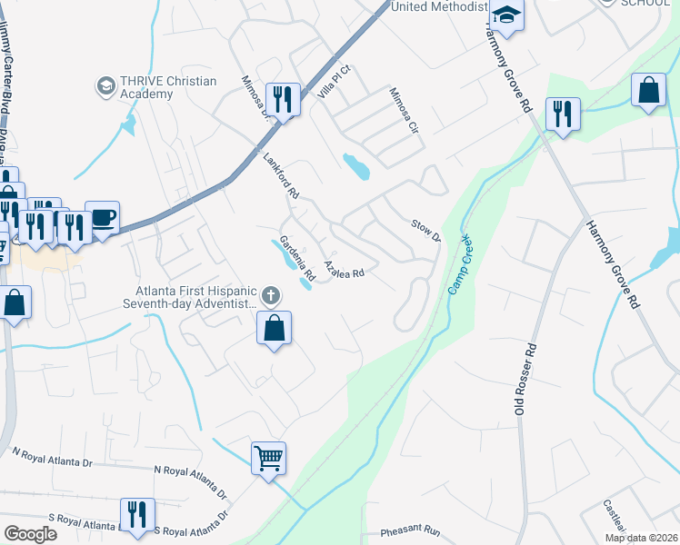 map of restaurants, bars, coffee shops, grocery stores, and more near 1-71 Gardenia Road in Tucker
