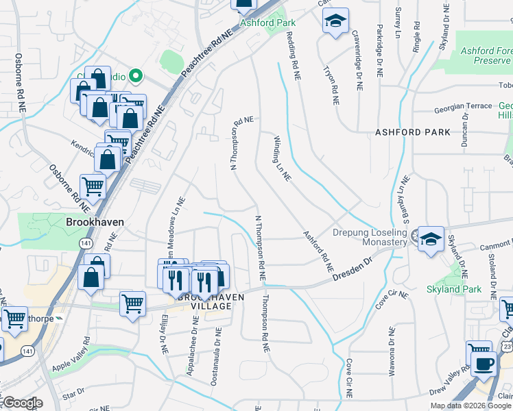 map of restaurants, bars, coffee shops, grocery stores, and more near 2692 North Thompson Road Northeast in Atlanta