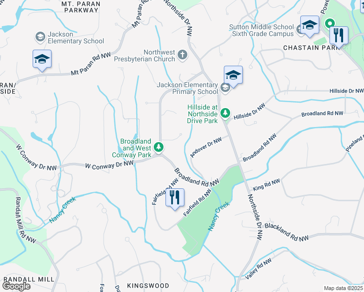 map of restaurants, bars, coffee shops, grocery stores, and more near 711 Broadland Road Northwest in Atlanta