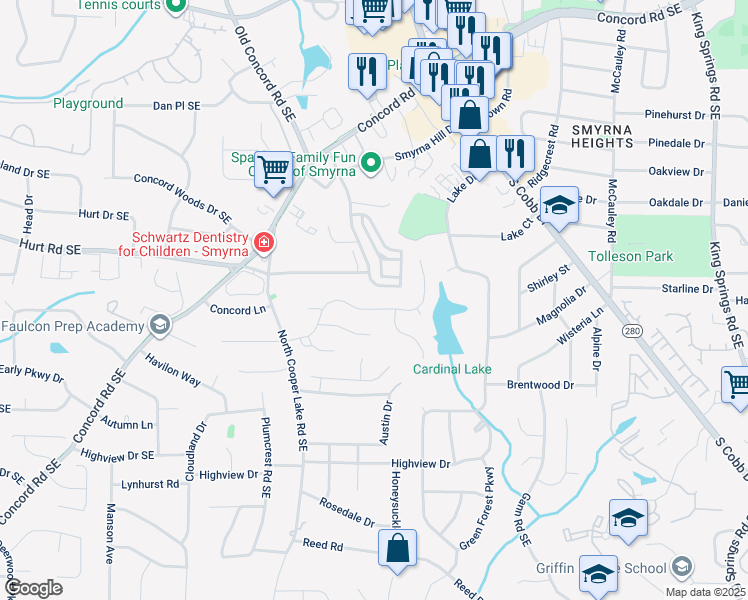 map of restaurants, bars, coffee shops, grocery stores, and more near 2216 Austin Lake Drive in Smyrna