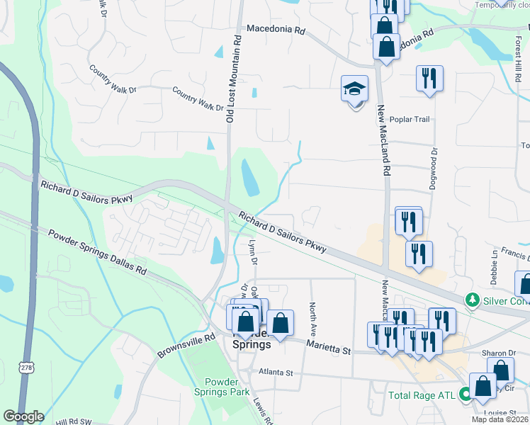map of restaurants, bars, coffee shops, grocery stores, and more near 4566 Kathy Circle in Powder Springs