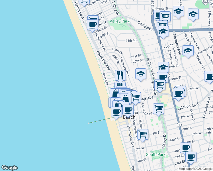 map of restaurants, bars, coffee shops, grocery stores, and more near 20 17th Street in Hermosa Beach