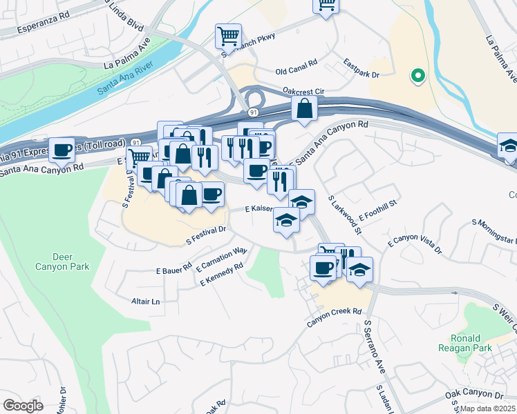 map of restaurants, bars, coffee shops, grocery stores, and more near in Anaheim