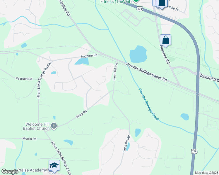 map of restaurants, bars, coffee shops, grocery stores, and more near 5270 Story Road in Powder Springs