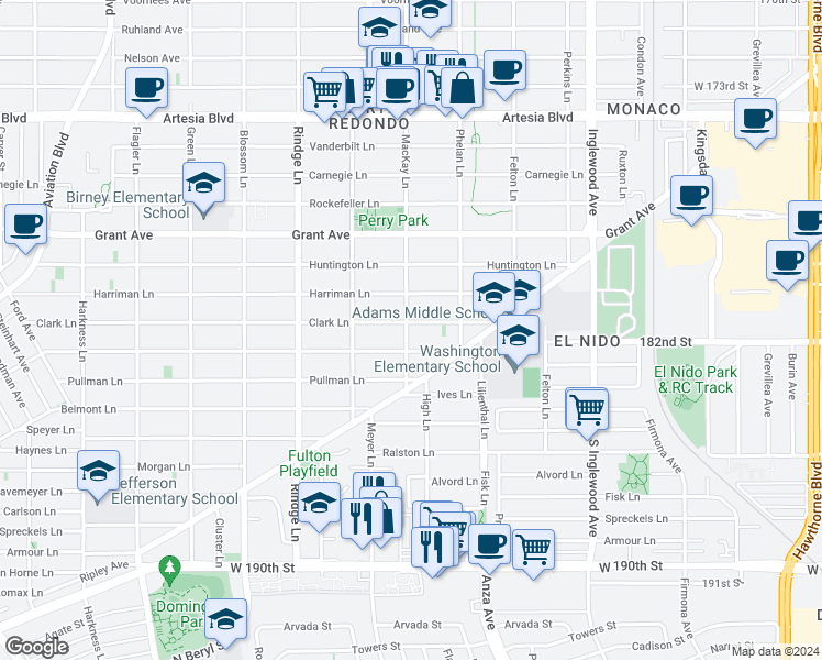 map of restaurants, bars, coffee shops, grocery stores, and more near 1208 Mackay Lane in Redondo Beach