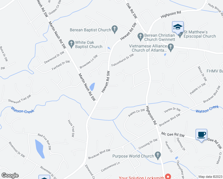 map of restaurants, bars, coffee shops, grocery stores, and more near 1558 Hewatt Road Southwest in Lilburn