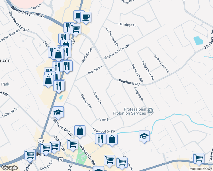 map of restaurants, bars, coffee shops, grocery stores, and more near 2183 Meadow Drive Southwest in Snellville