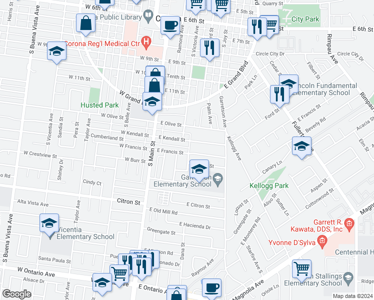 map of restaurants, bars, coffee shops, grocery stores, and more near 313 East Francis Street in Corona