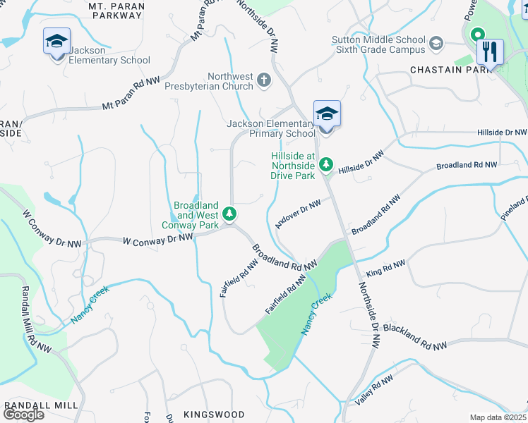 map of restaurants, bars, coffee shops, grocery stores, and more near 711 Broadland Road Northwest in Atlanta