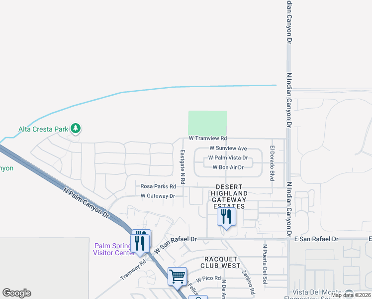 map of restaurants, bars, coffee shops, grocery stores, and more near 3926 Eastgate North Road in Palm Springs