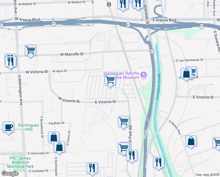 map of restaurants, bars, coffee shops, grocery stores, and more near 2601 East Victoria Street in Los Angeles County
